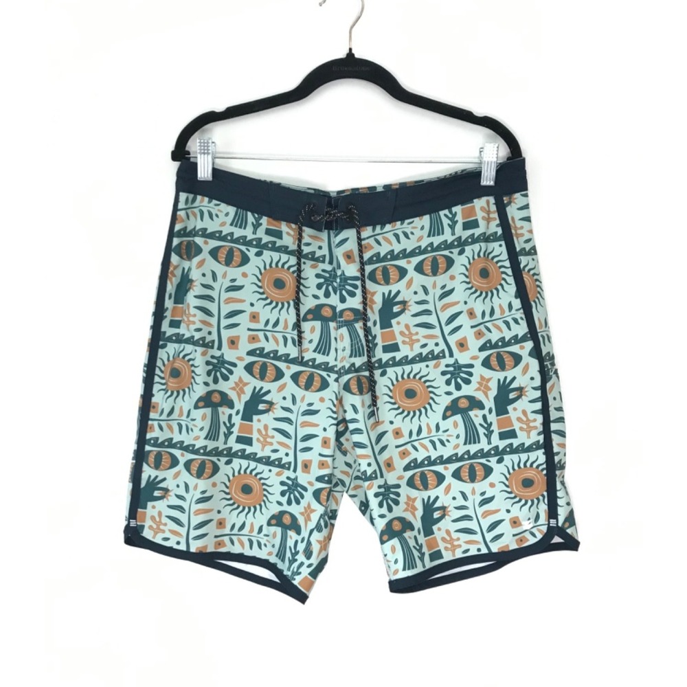 Jetty Atlantic Board Shorts Men's Size 33 Green Swim Trunks Unlined Mushrooms